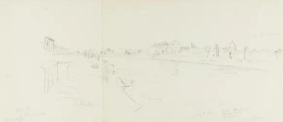 Landschaftsansicht von Rom vom Ufer des Tiberflusses, mit Fernblick auf die Engelsburg